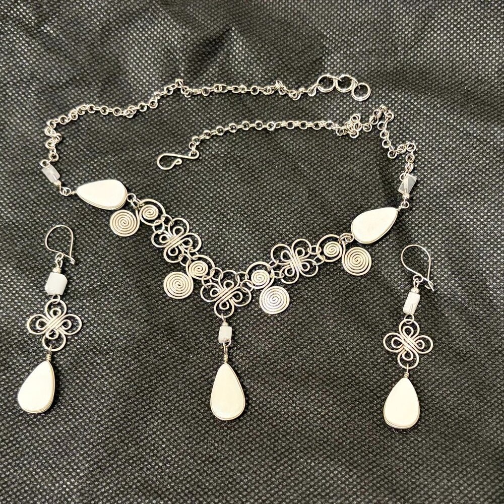 Artisan white marble necklace and earring set - hypoallergenic - statement piece